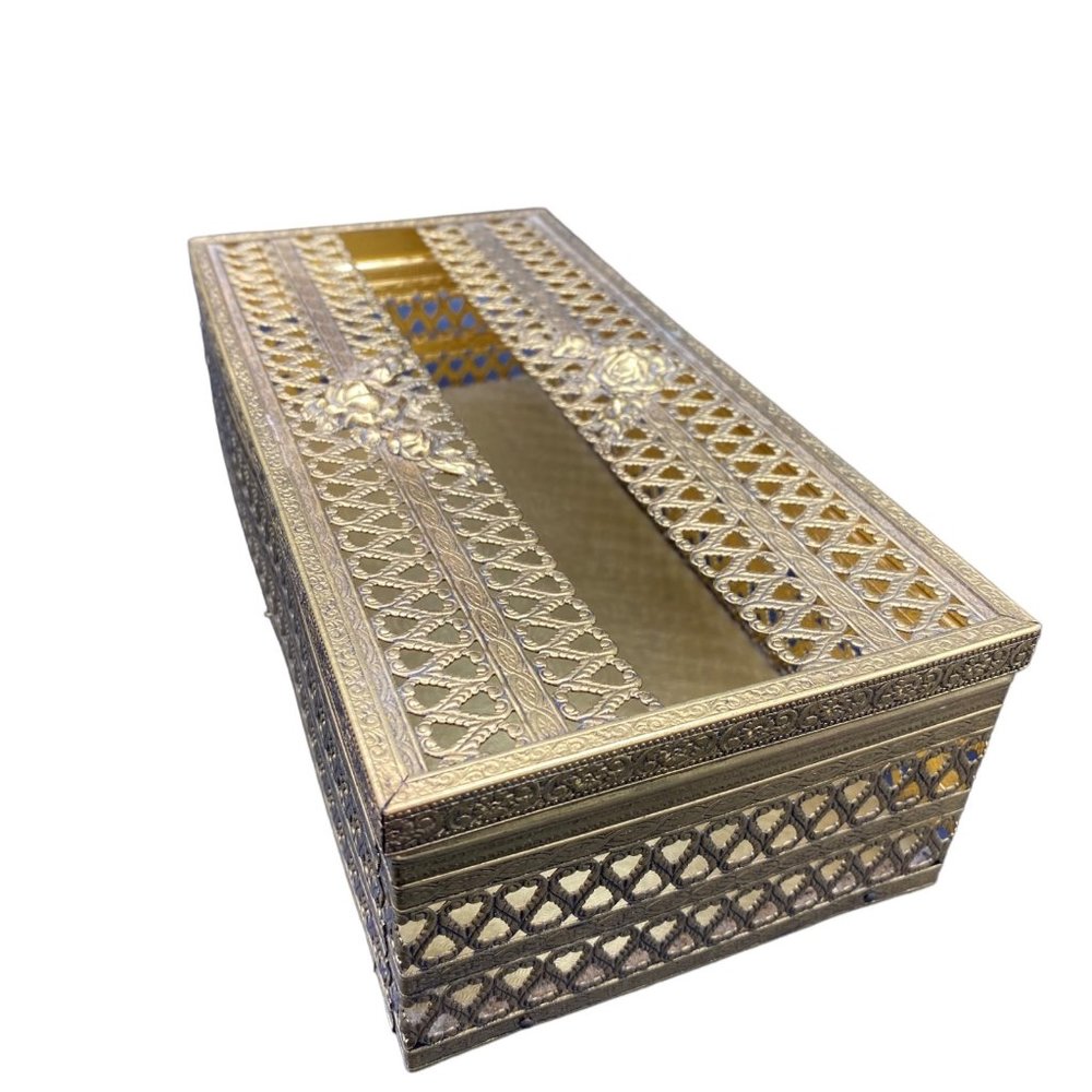 Vintage Gold Filigree Rose Tissue Box Cover Silver MCM Hollywood Regency